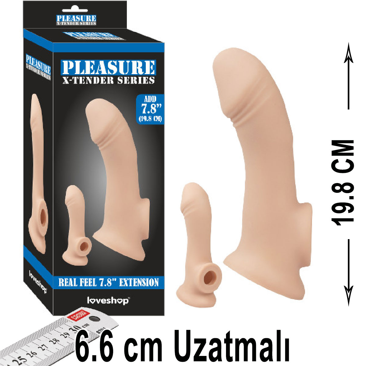Pleasure X-Tender 19.8 cm Boy 6.6 cm Uzatmali Realistik Et Dokulu Penis Kilifi AL-LS-215